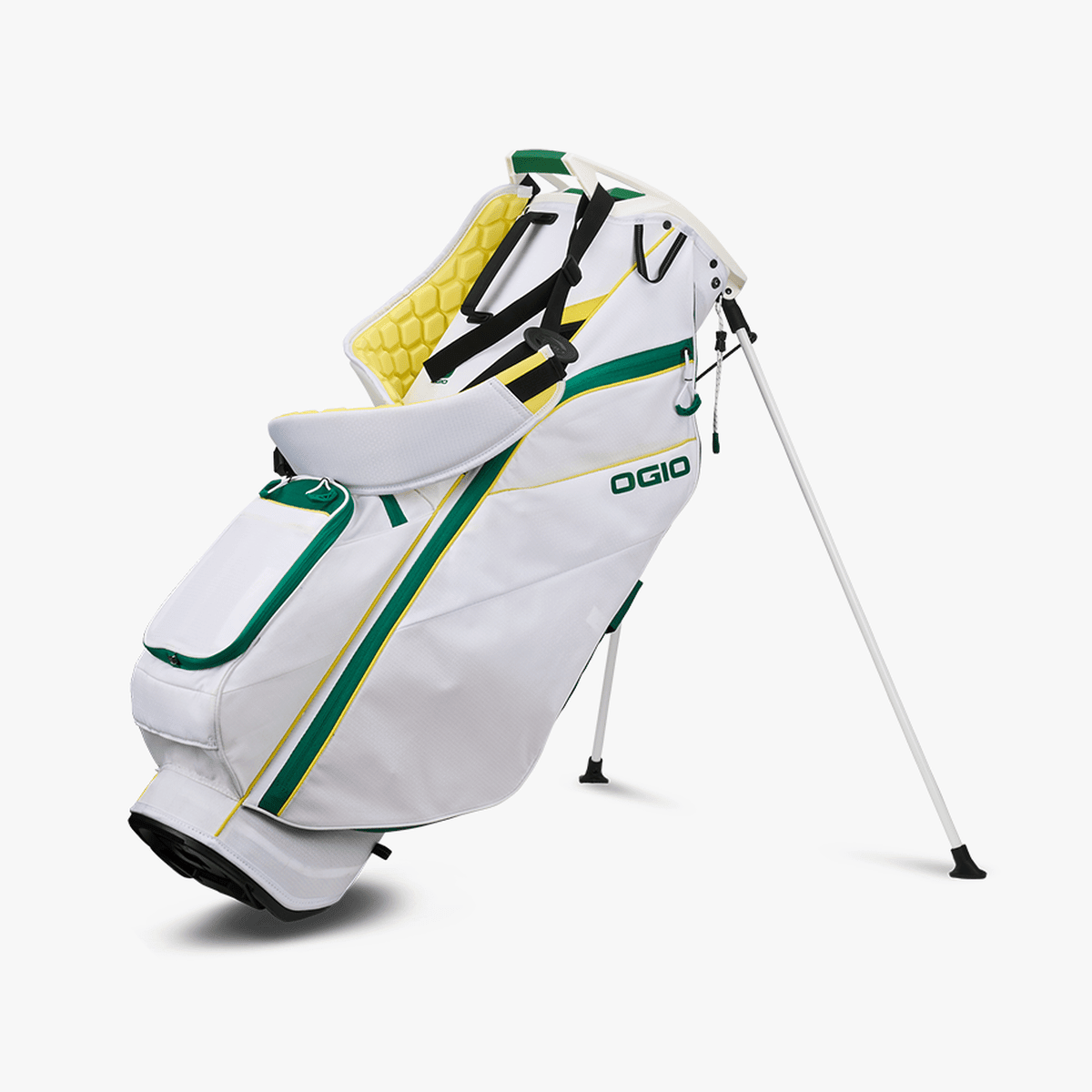 Weiß-grüner OGIO Fuse Stand Golfbag mit Ständer und mehreren Fächern, modernes Design.