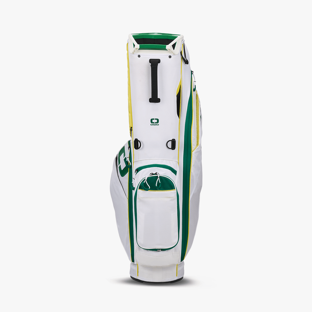 Weiß-grüner OGIO Fuse Stand Golfbag mit mehreren Taschen und gelben Akzenten.