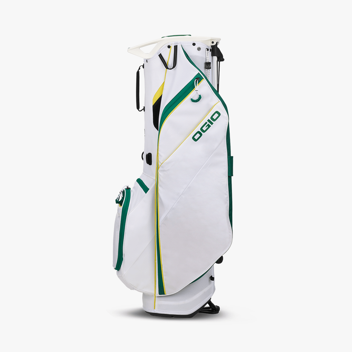 Weiß-grüner OGIO Fuse Stand Golfbag mit Stehstativ und mehreren Taschen.