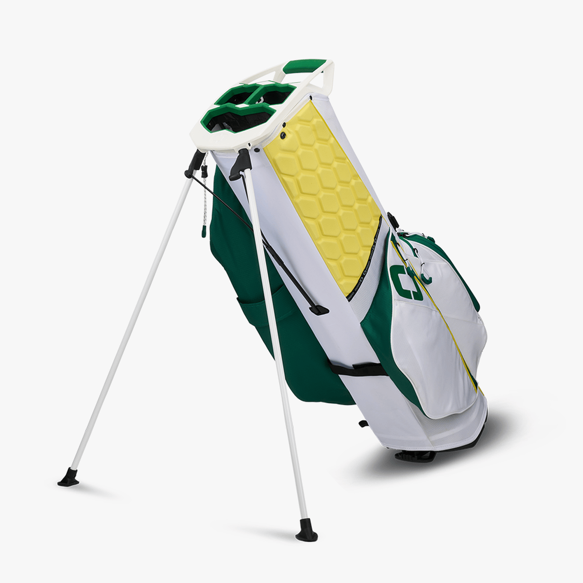 Weiß-grüner OGIO Fuse Stand Golfbag mit gelbem, wabenförmigem Top und aufklappbarem Ständer.