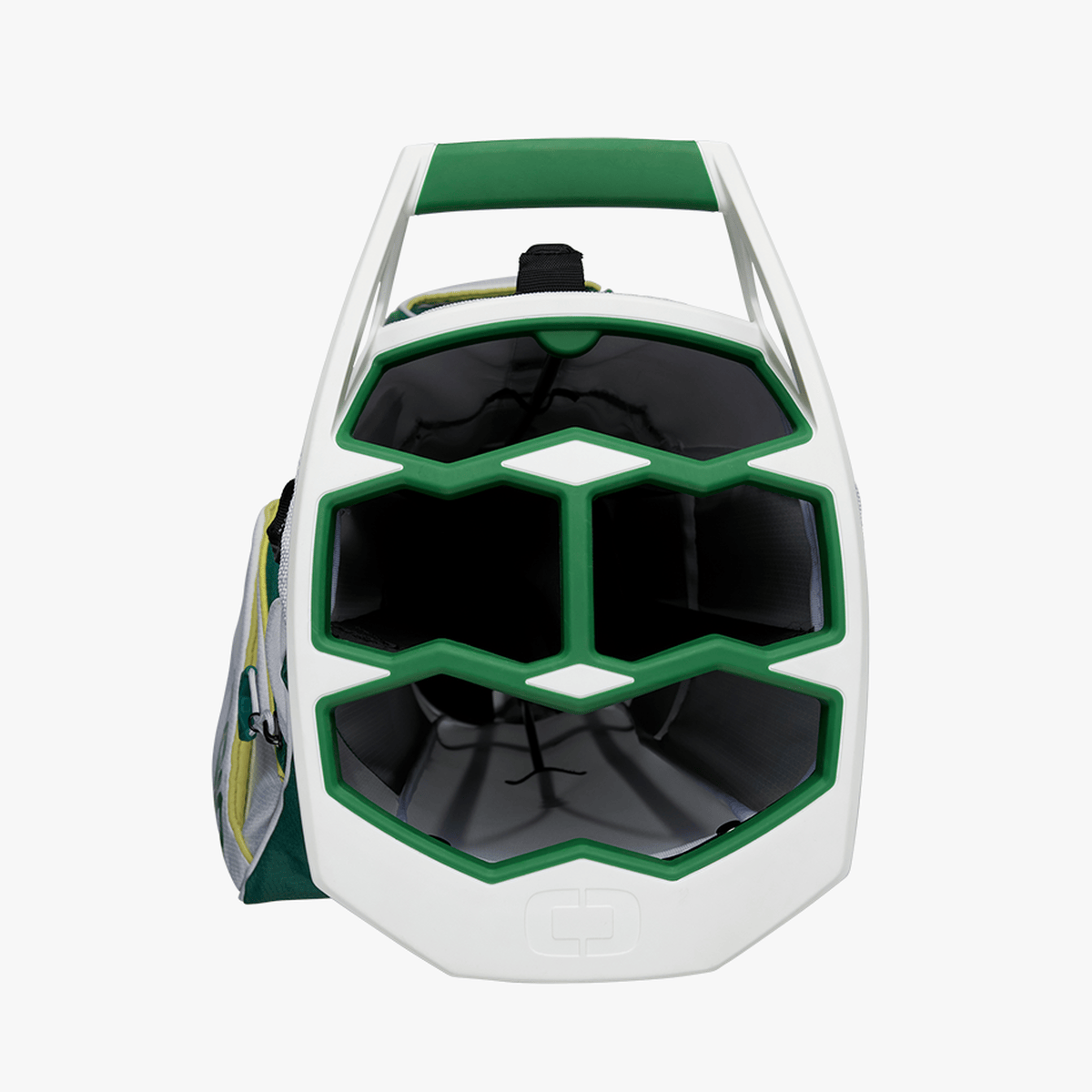 Weißer OGIO Fuse Stand Golfbag mit grünem Griff und schwarzer Innenaufteilung für Golfschläger.