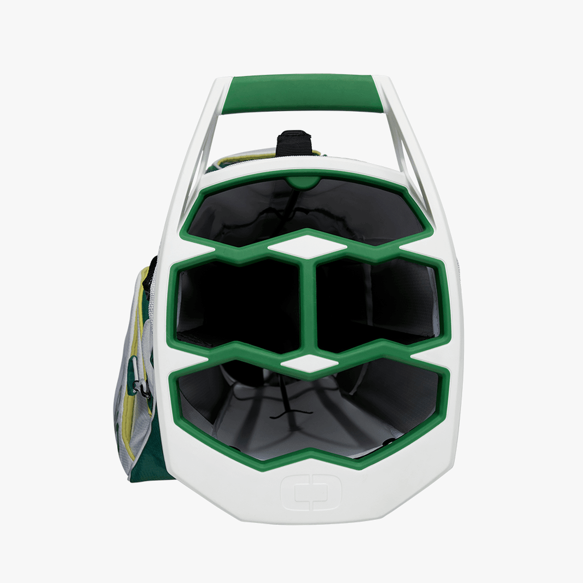 Weißer OGIO Fuse Stand Golfbag mit grünem Griff und schwarzer Innenaufteilung für Golfschläger.