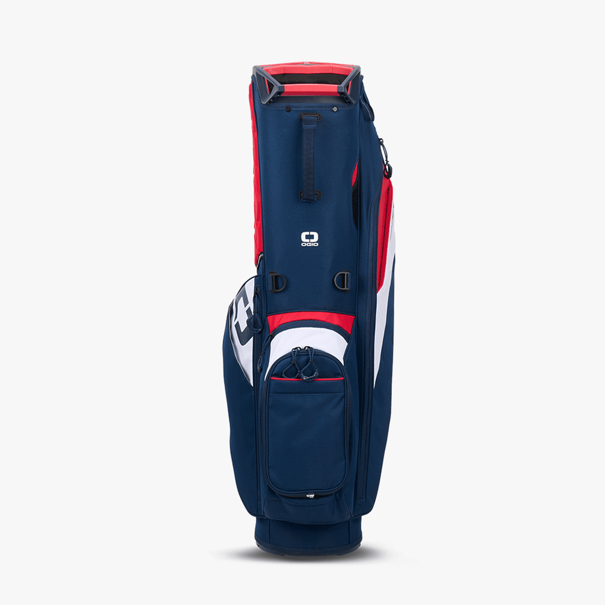 Golf Standbag OGIO Fuse in Marineblau mit Rot und Weiß, praktische Seitentaschen, ergonomischer Tragegriff.