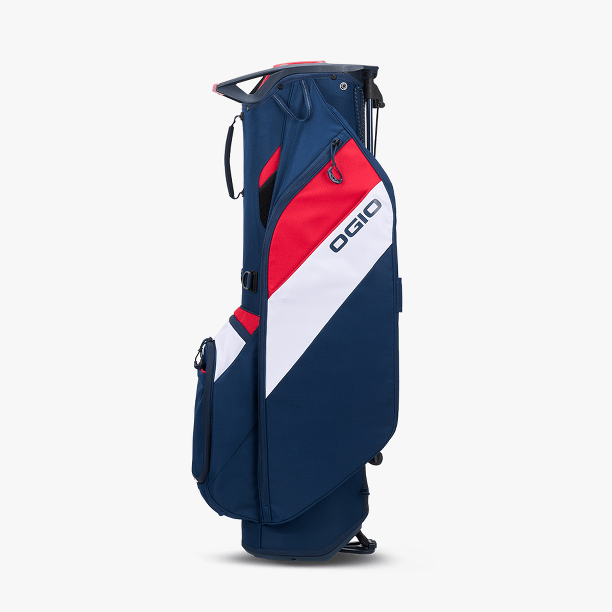 Golf-Standbag OGIO Fuse in Navyblau mit roter und weißer Diagonale und mehreren Taschen.