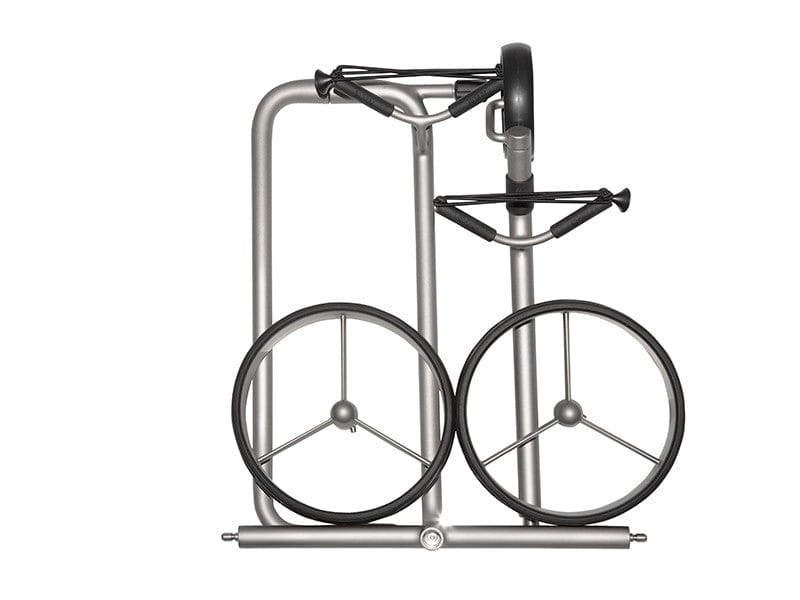 JuStar SILVER 3-Rad manuell Golftrolley mit silbernem Rahmen und schwarzen Rädern.