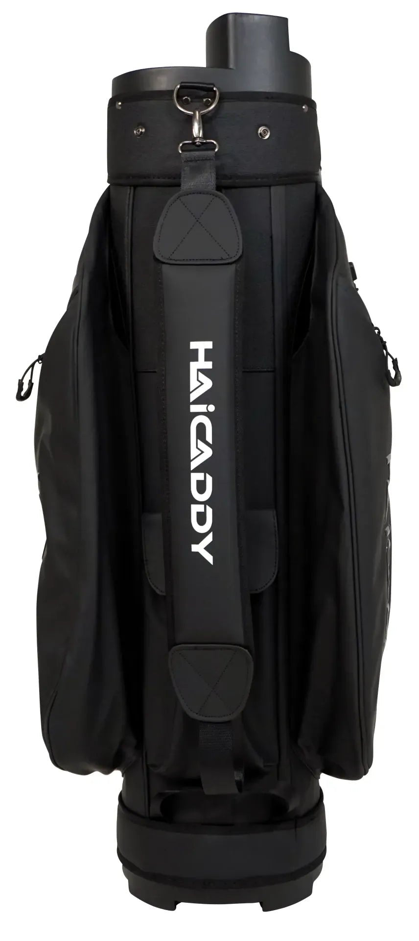Schwarzes Haicaddy Deluxe Organizer Golfcartbag mit mehreren Reißverschlusstaschen und Logo auf dem Tragegurt.