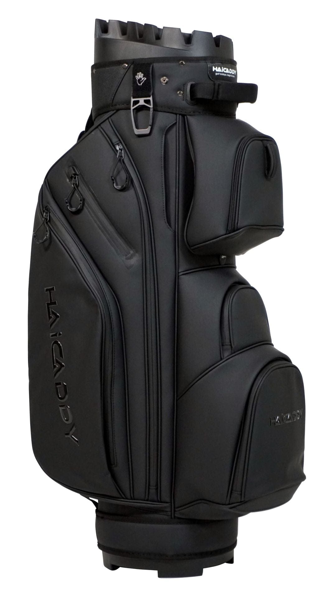 Schwarzes Haicaddy Deluxe Organizer Golfcartbag mit mehreren Reißverschlusstaschen und Magnettasche.