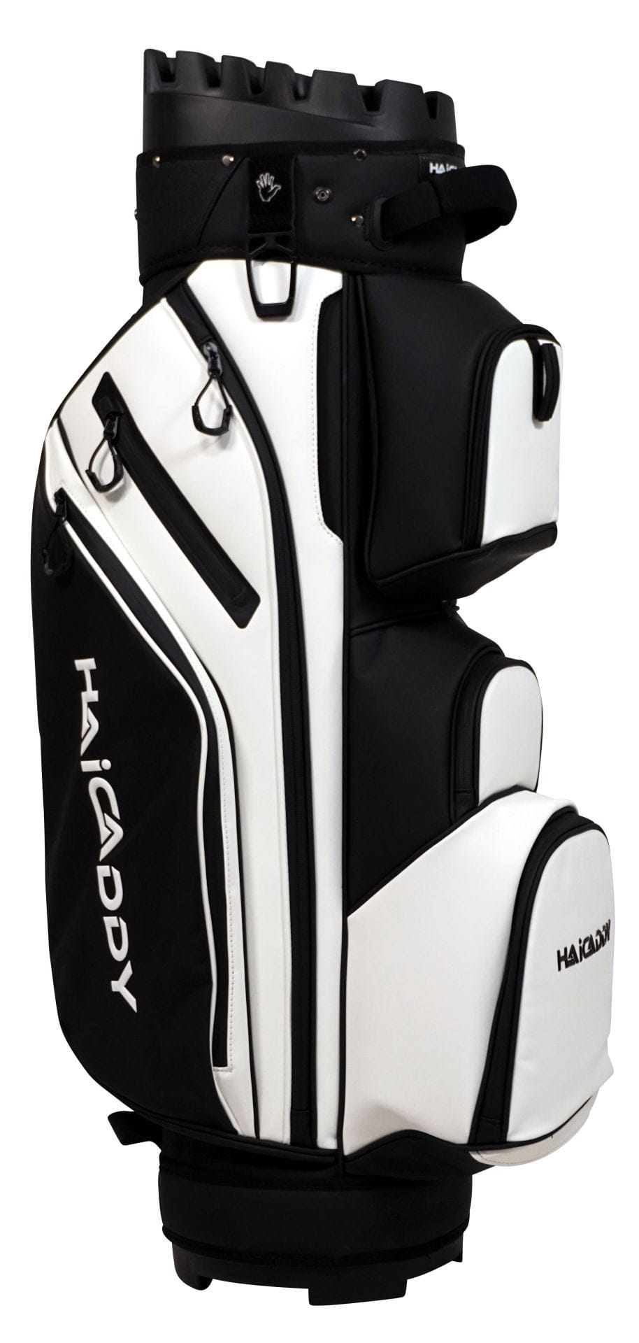 Weiß-schwarzes Haicaddy Deluxe Organizer Golfbag mit mehreren Taschen und Reißverschlüssen.
