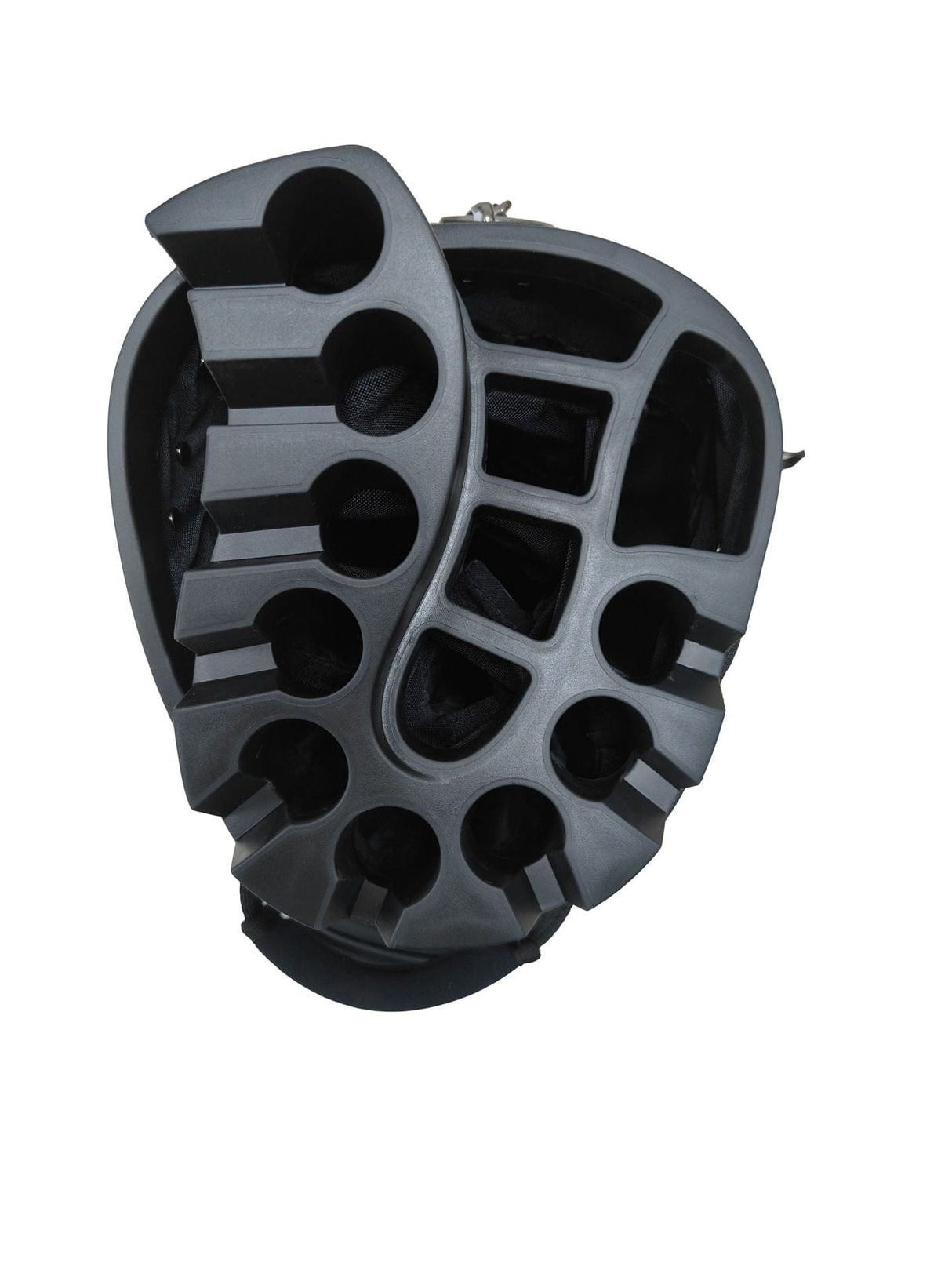 Schwarzes Golfbag mit mehreren Fächern für Schläger und Zubehör, übersichtliche Innenaufteilung.
