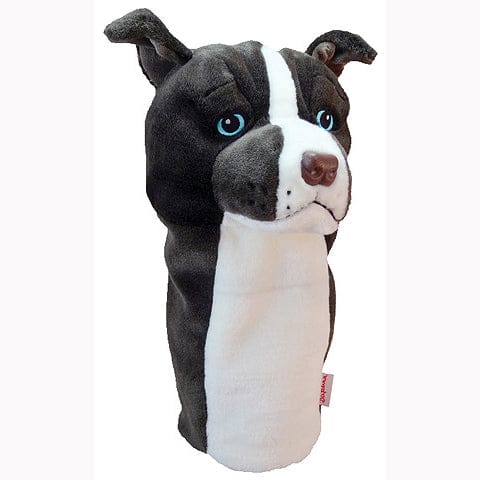 Schwarz-weiße weich gepolsterte Schlägerhaube in Form eines Pitbull-Kopfes mit blauen Augen.