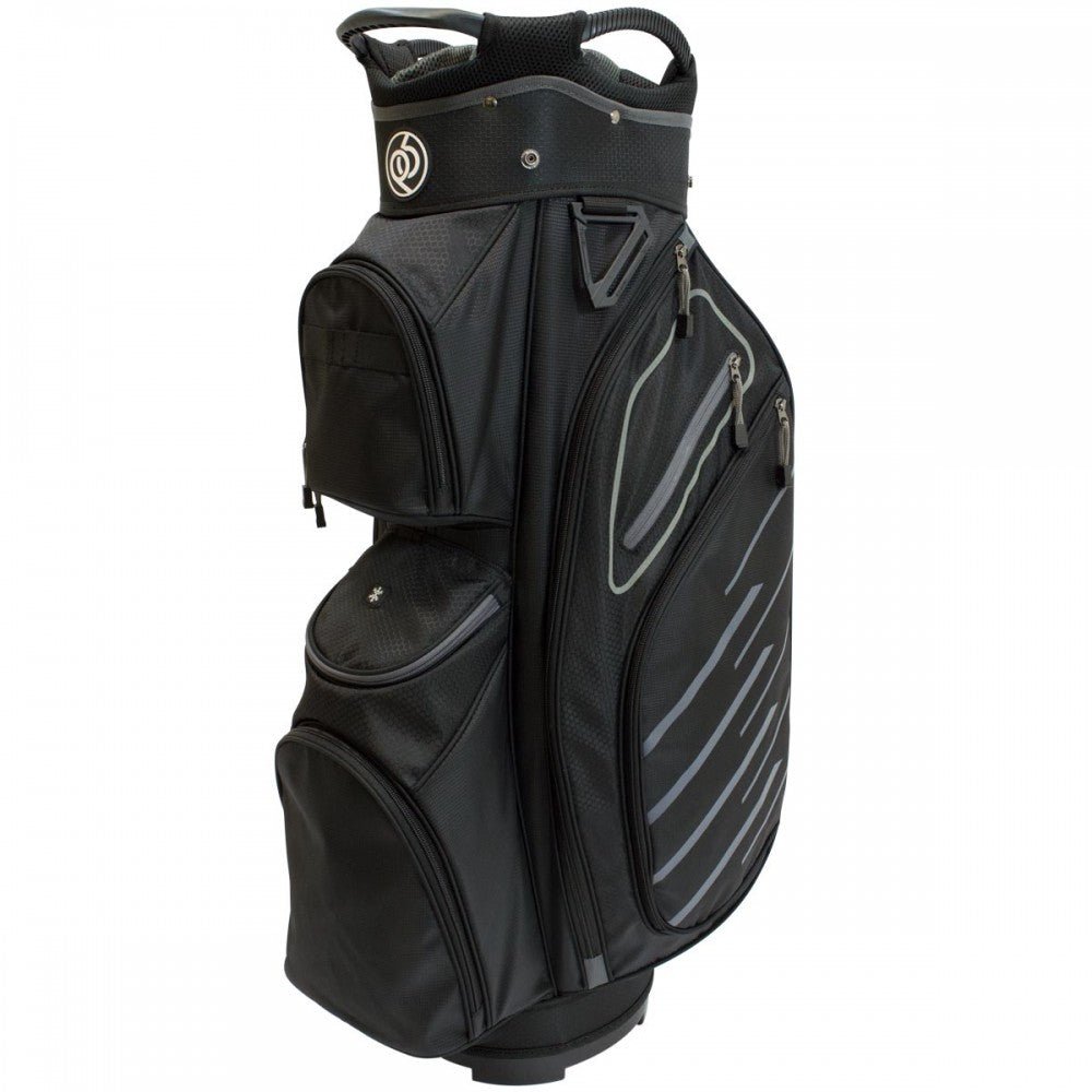 Schwarzes PowerBug Cartbag mit mehreren Reißverschlusstaschen und grauen Akzenten, leichte Golf-Tasche.