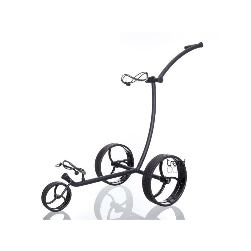 Schwarzer 3-Rad-Golftrolley aus Edelstahl mit gebogenem Griff und stabiler Konstruktion.
