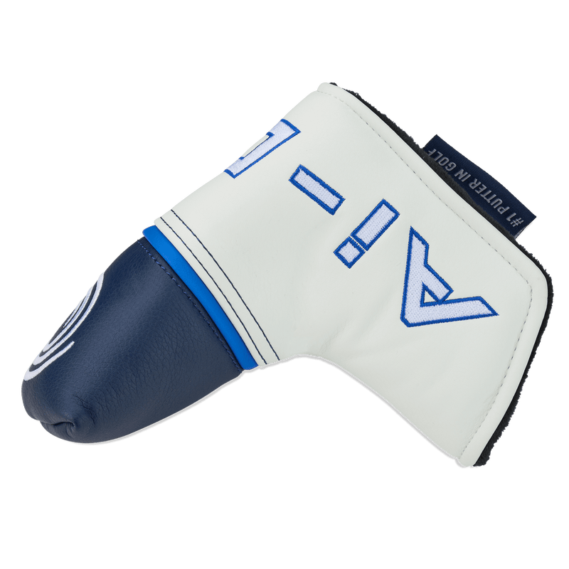Weiße und dunkelblaue Odyssey Ai-ONE Double Wide CH Putterhaube mit blauer Schrift und Grafiken.