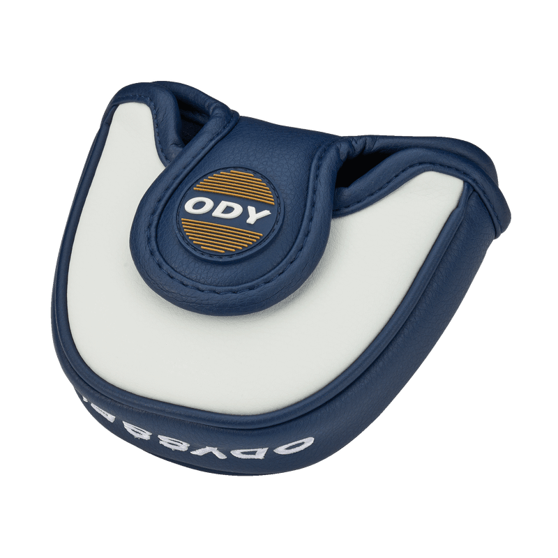 Blau-weißer Odyssey Ai-ONE MILLED EIGHT T Putter-Headcover mit Logo und Lederoptik.