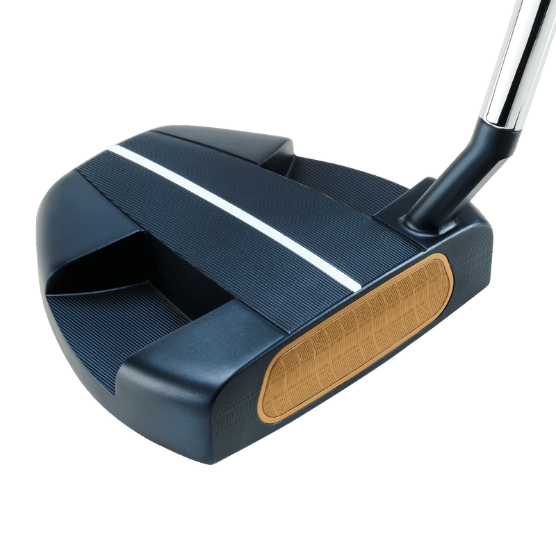 Schwarzer Odyssey Ai-ONE MILLED EIGHT T Putter mit weißer Ausrichtungslinie und braunem Schlagflächeneinsatz.