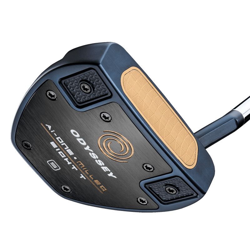 Golf-Driver Odyssey Ai-ONE MILLED EIGHT T mit schwarzem Schlägerkopf und goldenem Akzent.