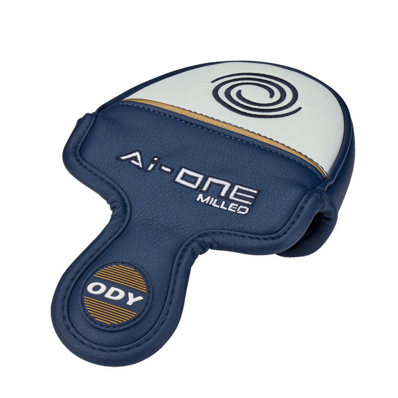 Blauer Odyssey Ai-ONE Milled Eleven T DB Putter-Headcover mit weißem und goldfarbenem Detaillogo.