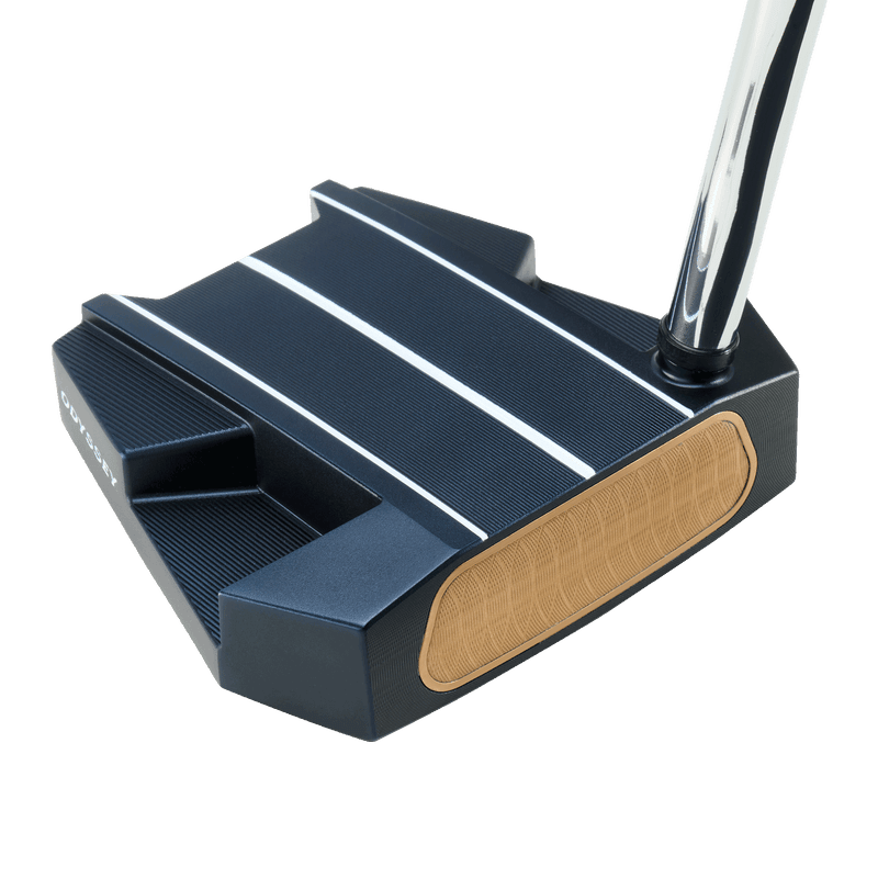 Dunkelblauer Odyssey Ai-ONE Milled Eleven T DB Putter mit silbernen Ausrichtlinien und strukturierter Schlagfläche.