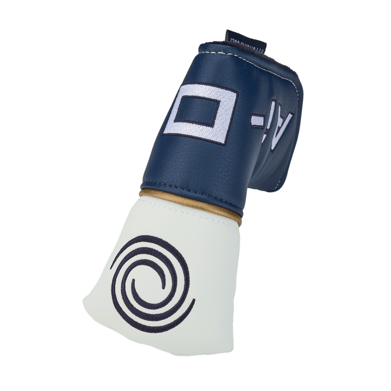 Golfputter-Headcover aus blauem und weißem Leder mit Odyssey-Logo und markantem Design.