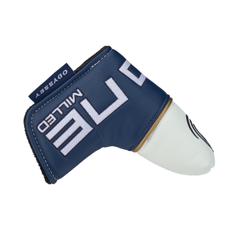 Blau-weißer Odyssey Ai-ONE MILLED ONE T Golf-Putter-Headcover mit weißem Logo und Reißverschluss.