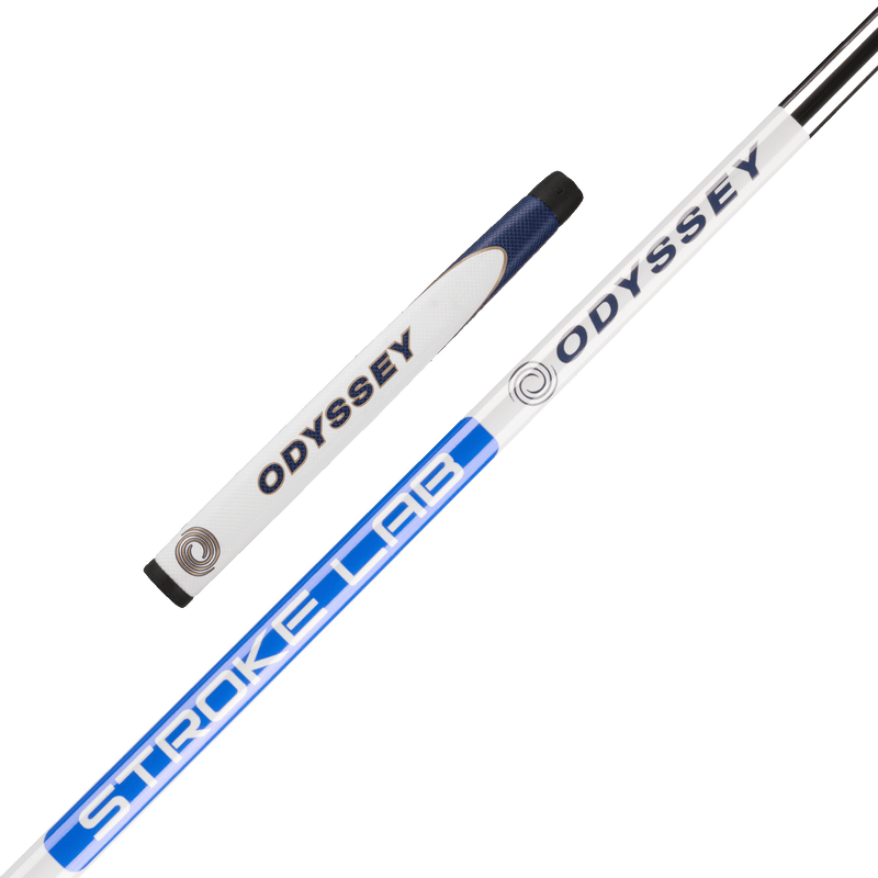 Weißer Odyssey Ai-ONE MILLED ONE T Golf-Putter mit blauem Stroke Lab Schaft und schwarzem Griff.