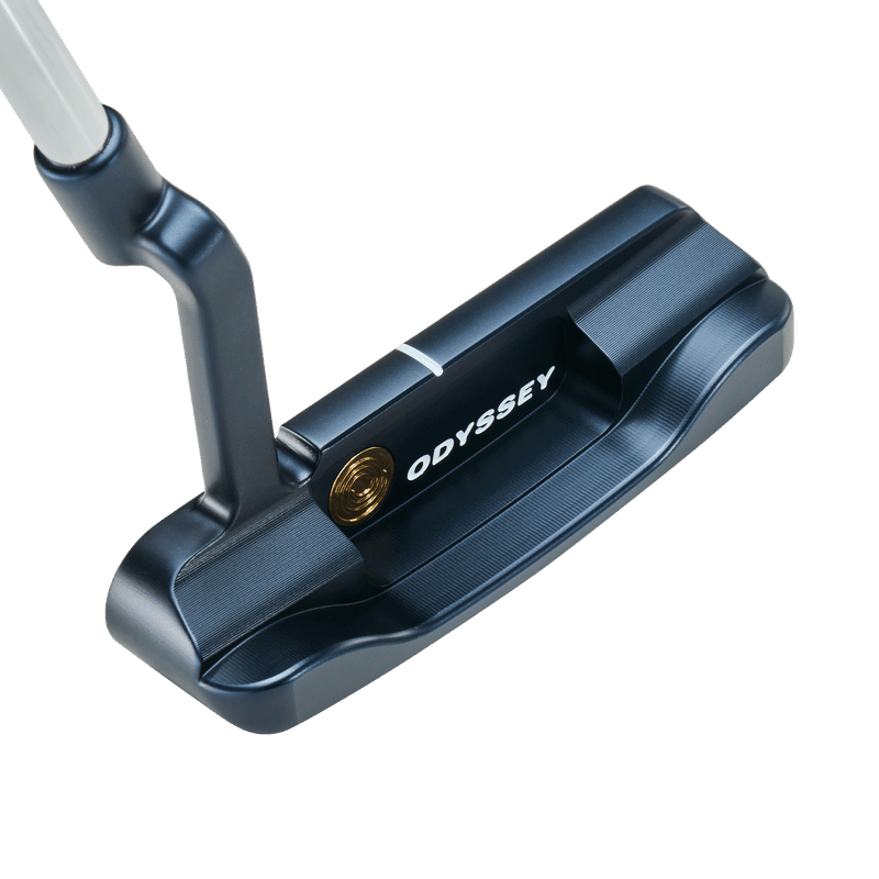 Schwarzer Odyssey Ai-ONE MILLED ONE T Golf-Putter mit weißem Schaft und goldfarbenem Logo.