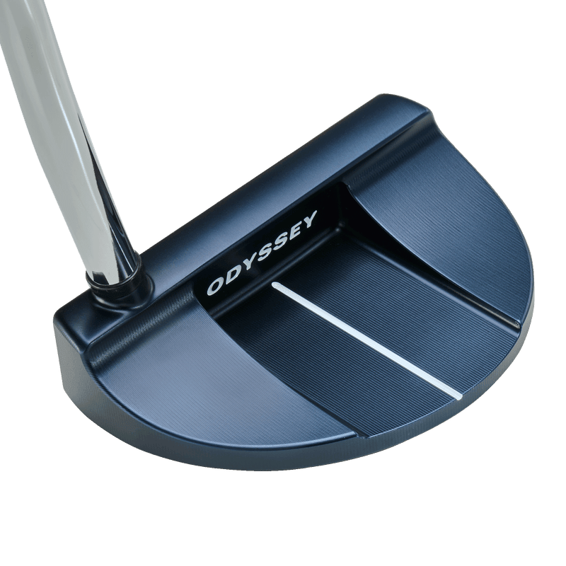 Schwarzer Odyssey Ai-ONE MILLED SIX T Putter mit silbernem Stiel und weißen Ausrichtlinien.