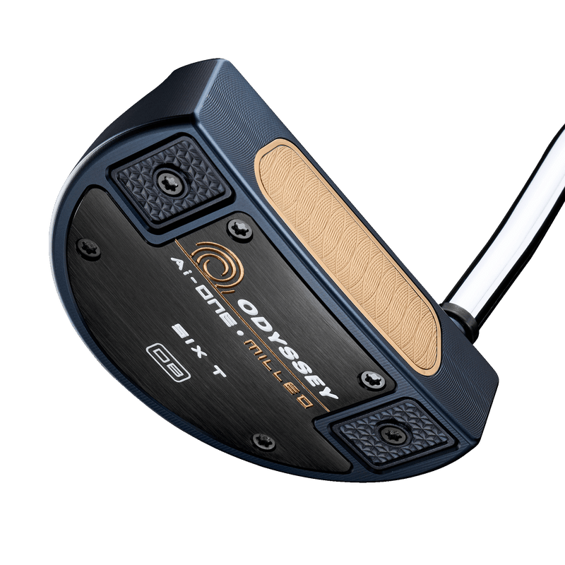 Odyssey Ai-ONE MILLED SIX T Putterkopf mit schwarzer Schlagfläche und beige Akzentgrifffläche.