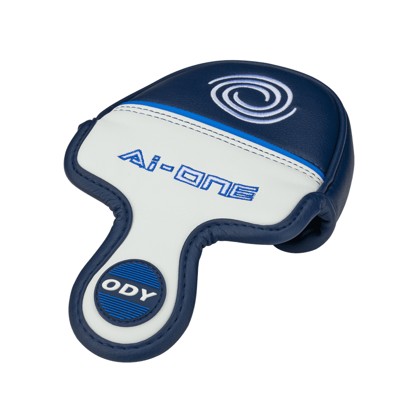 Blauer und weißer Odyssey Ai-ONE #7 DB Putter-Kopfbezug mit gesticktem Logo und Schriftzug.