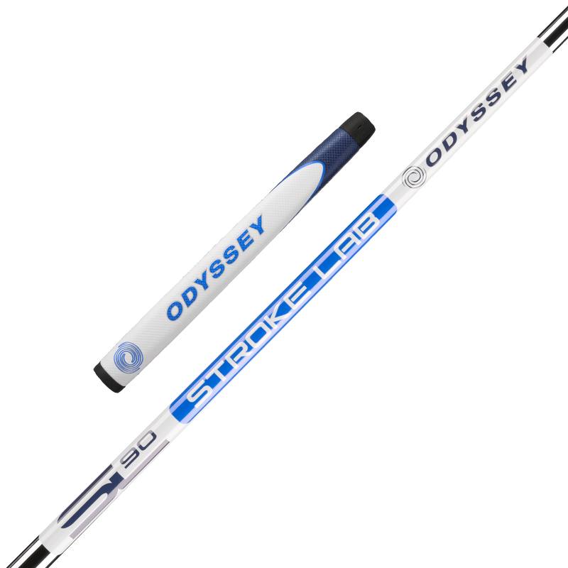 Weißer Odyssey Ai-ONE #7 DB Damen-Putter mit blauem Griff und blauer Stroke-Lab-Schrift am Schaft.
