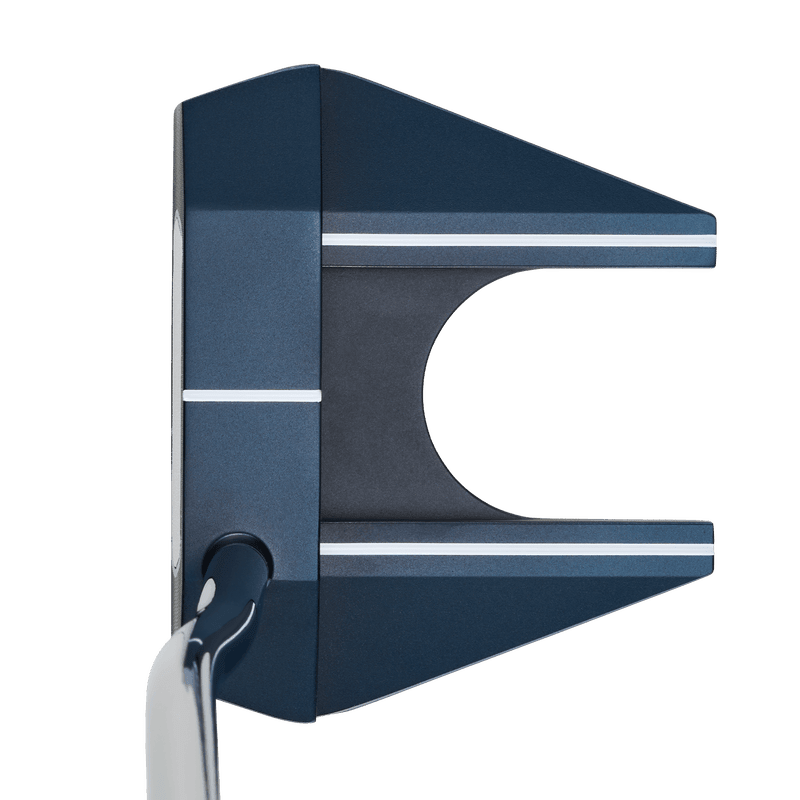 Damen Odyssey Ai-ONE #7 DB Putter in Navyblau mit weißem und hellblauem Streifendetail.