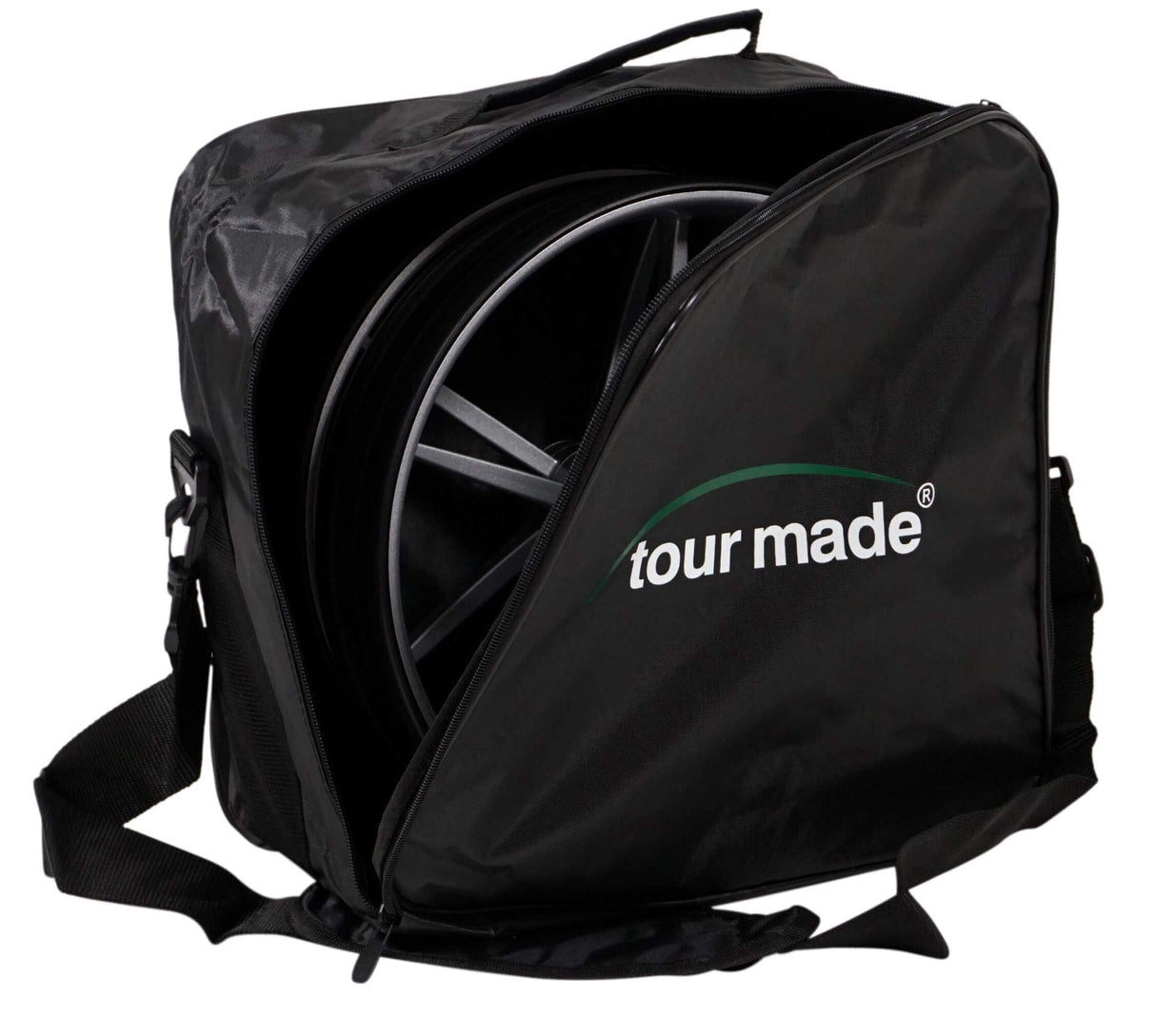 Schwarze Tour Made Rädertasche mit Reißverschluss und verstellbarem Schultergurt für zwei Fahrradlaufräder.