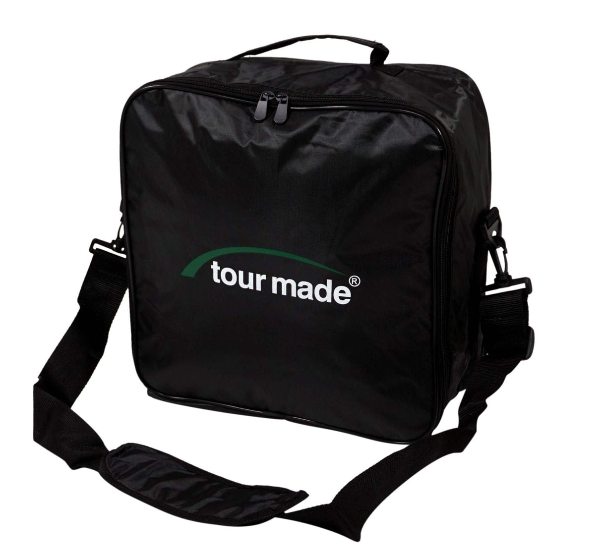 Schwarze Tour Made Rädertasche mit Fronttasche, Tragegriff und verstellbarem Schultergurt.