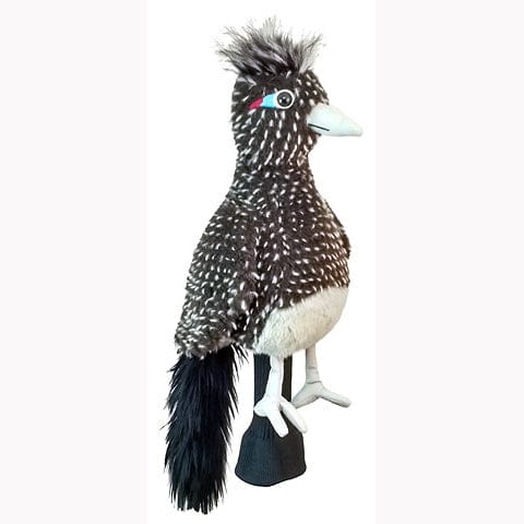 Schwarze Golf-Schlägerhaube in Vogel-Design mit weißen Punkten und buschigem Schwanz.