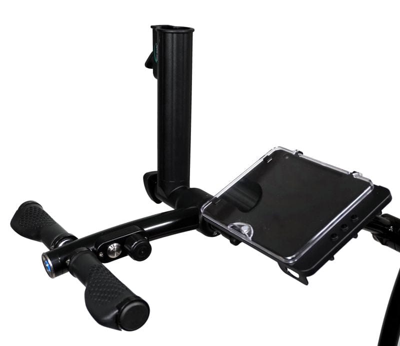 Schwarzer Golftrolley-Lenker mit ergonomischen Griffen und Smartphonehalterung.