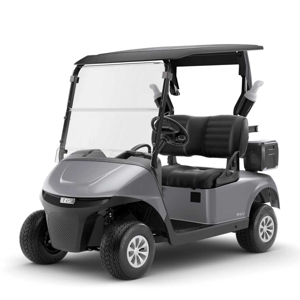Grauer E-Z-Go Rxv Elite Golfwagen mit Überdachung, Windschutzscheibe und schwarzem Sitz.