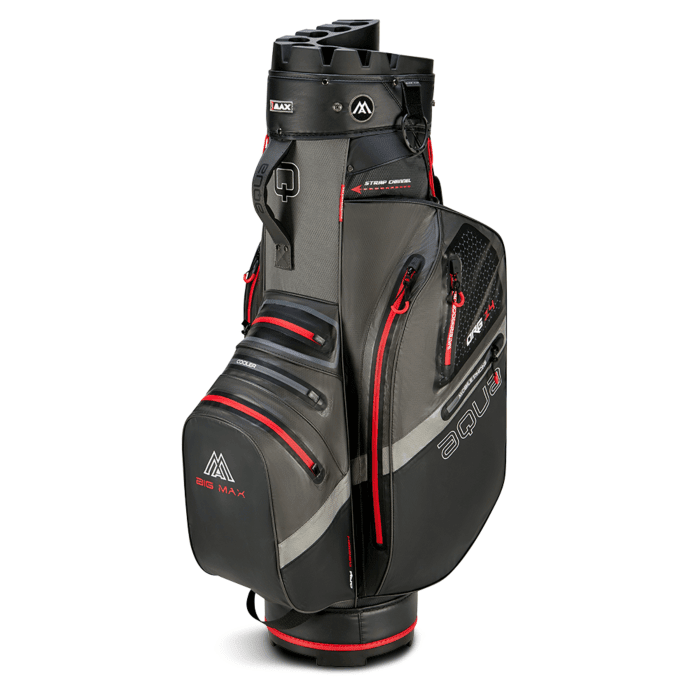 Schwarzes Big Max Aqua Silencio 4 Cartbag mit roten Akzenten und mehreren Reißverschlusstaschen.