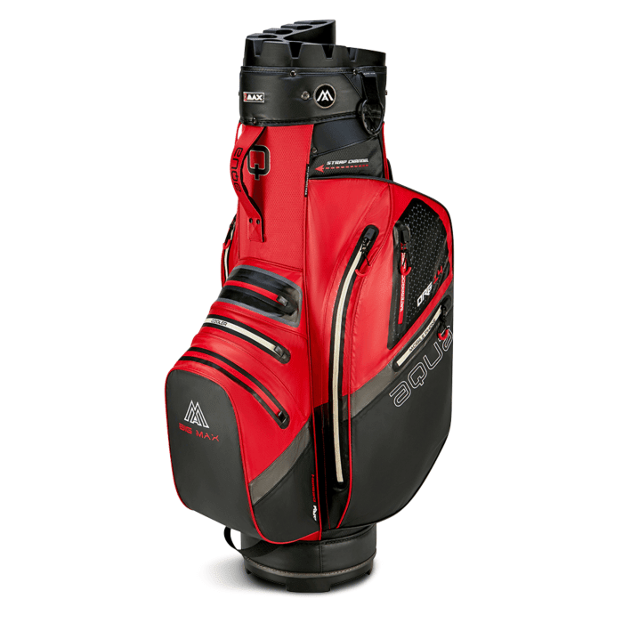 Rotes Big Max Aqua Silencio 4 Cartbag mit mehreren Außentaschen und schwarzem Boden.