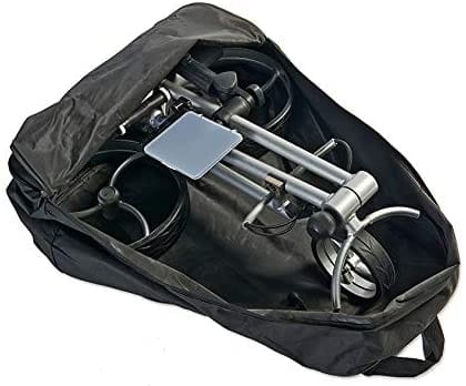 Schwarze Transporttasche mit gefaltetem Fahrradtrolley und integriertem Achsenschutz, wetterfester Nylonstoff.