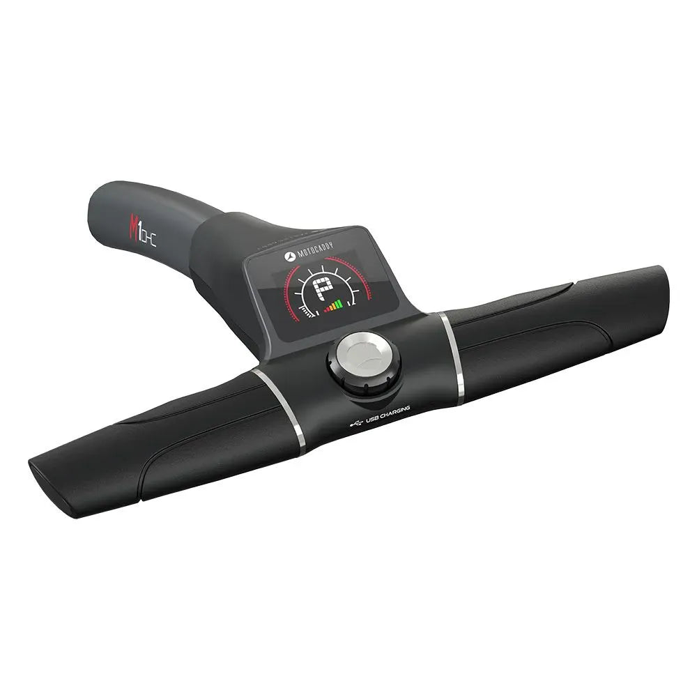 Schwarzer Motocaddy M1 DHC Ultra Lithium Golftrolley-Lenker mit digitalem Display und Bedienelementen.