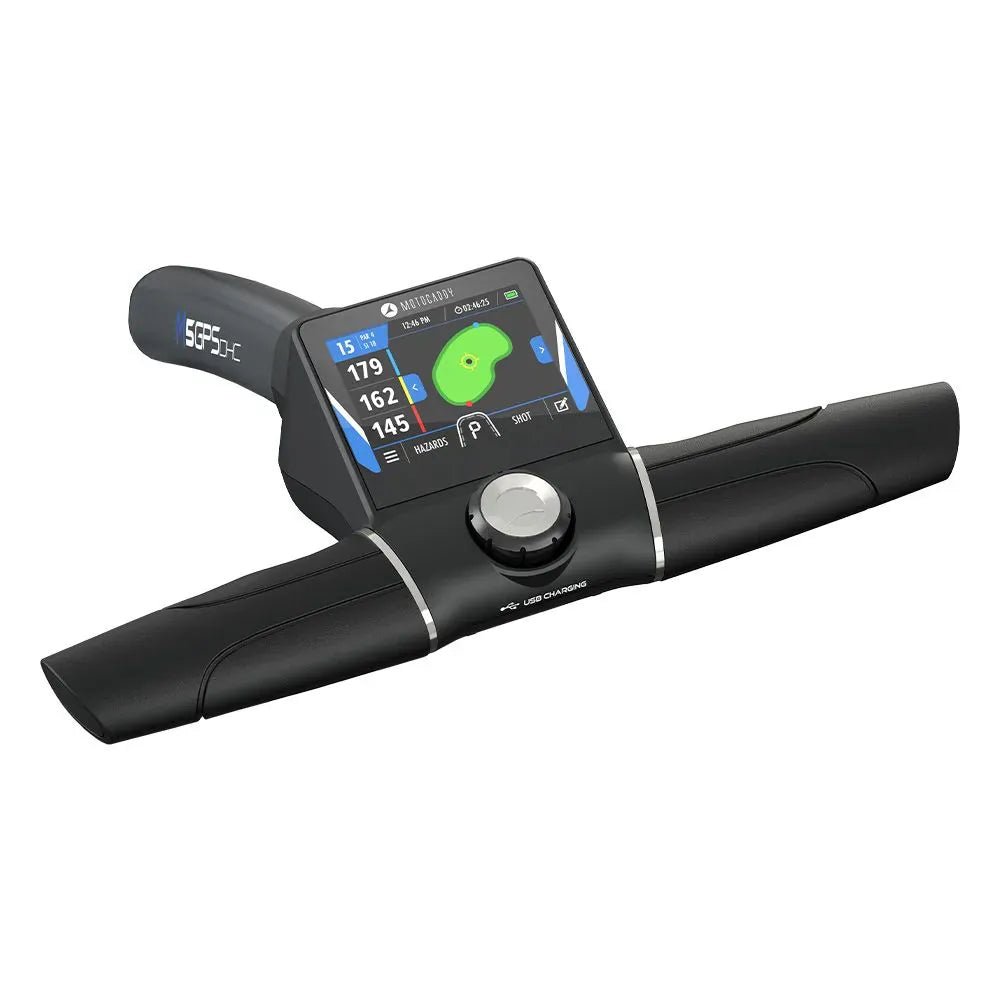 Schwarzes Lenkrad mit digitalem GPS-Display und Drehknopf für Motocaddy M5 Elektro-Golftrolley.