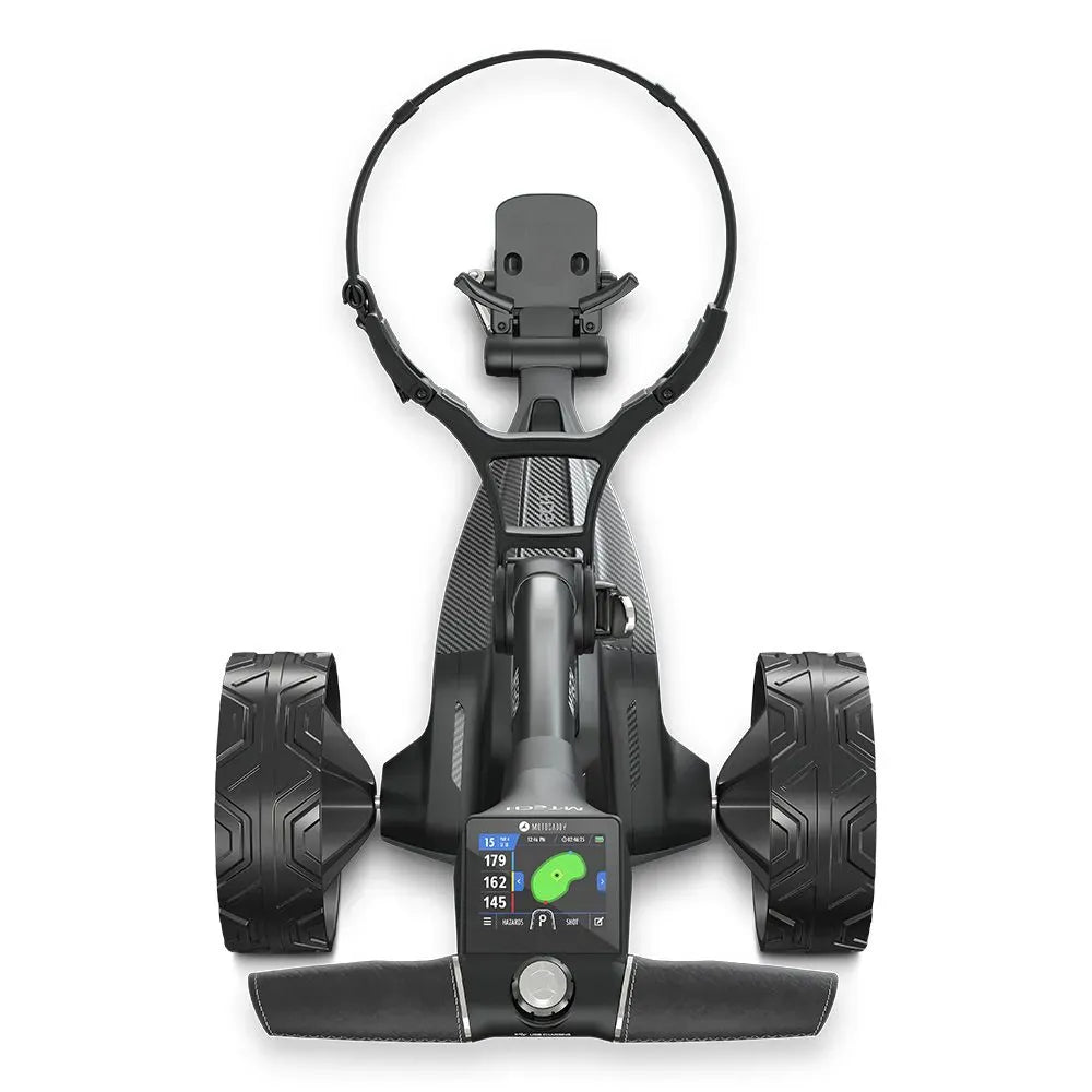 Schwarzer Motocaddy M-TECH GPS Ultra Lithium Elektro Golftrolley mit großem Display und robusten, profilierten Reifen,.