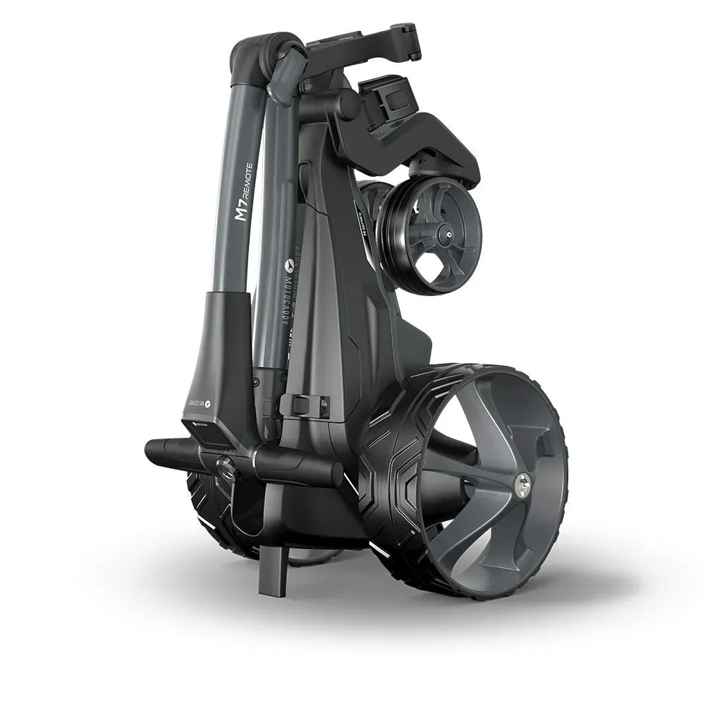 Schwarzer Motocaddy M7 Ultra Lithium REMOTE Elektro-Golf-Trolley, faltbar, große Räder.