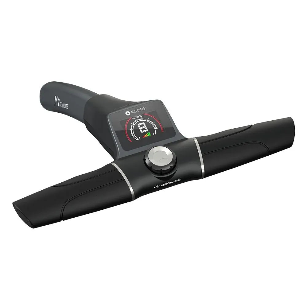 Schwarzer Motocaddy M7 Ultra Lithium Fernbedienungshandgriff mit digitalem Display und Drehknopf.