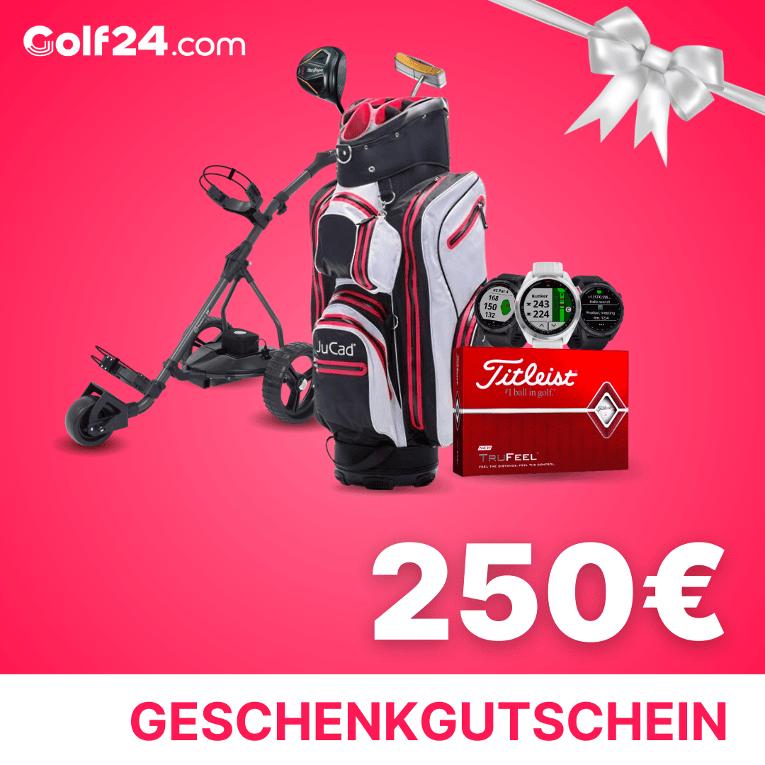 Geschenkgutschein 250 Euro mit Golfbag, Golfschlägern, Golfwagen und Titleist Golfbällen vor rotem Hintergrund.