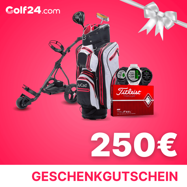 Geschenkgutschein 250 Euro mit Golfbag, Golfschlägern, Golfwagen und Titleist Golfbällen vor rotem Hintergrund.