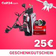 Golfgeschenke mit Trolley, Golftasche, Uhren und Titleist Golfbällen vor pinkem Hintergrund.