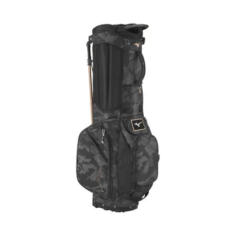Schwarzes Mizuno BR-D3 25 Standbag mit Camouflage-Muster, Tragegriff und Reißverschlusstaschen.