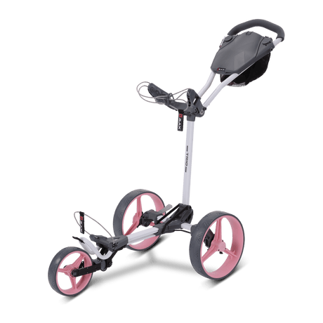 Dreirädriger Big Max Blade Trio Golftrolley in Weiß, Pink und Anthrazit mit verstellbarem Griff und Zubehörhalterung.