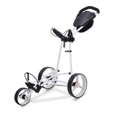 Weißer Big Max Autofold X2 3-Rad-Golftrolley mit ergonomischem Griff und Zubehörhalterung.